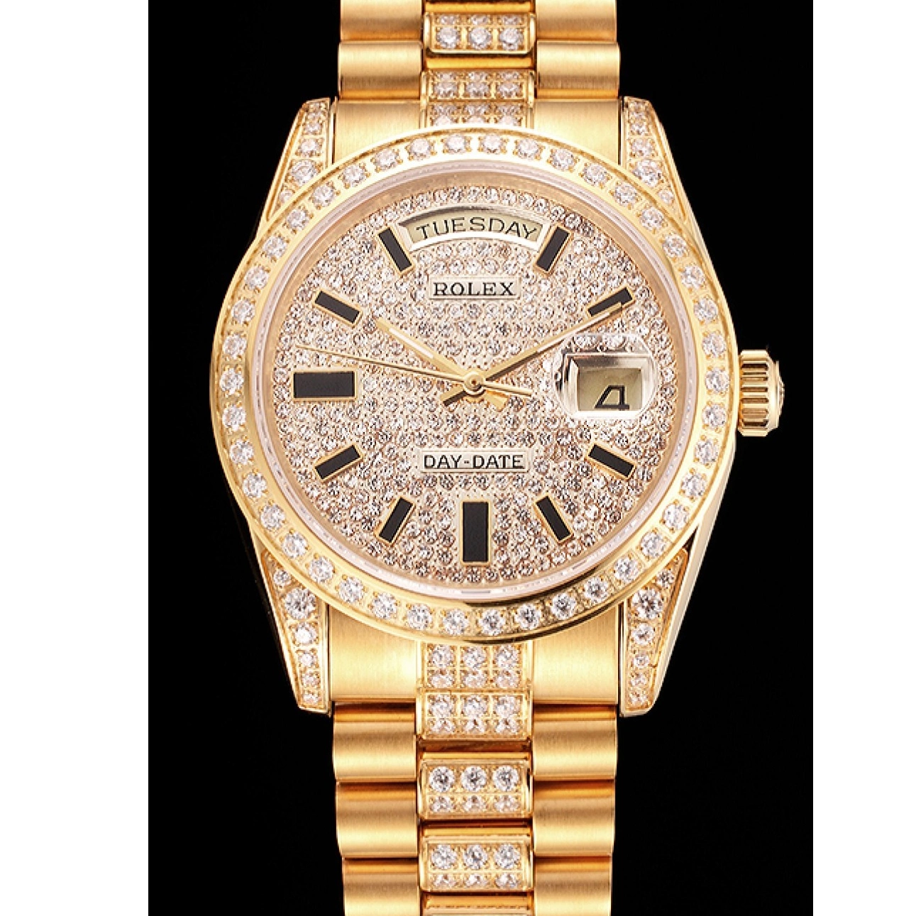 Aaa replica watch Day Yellow Diamond Swiss Gold Date Rolex Pave 0522